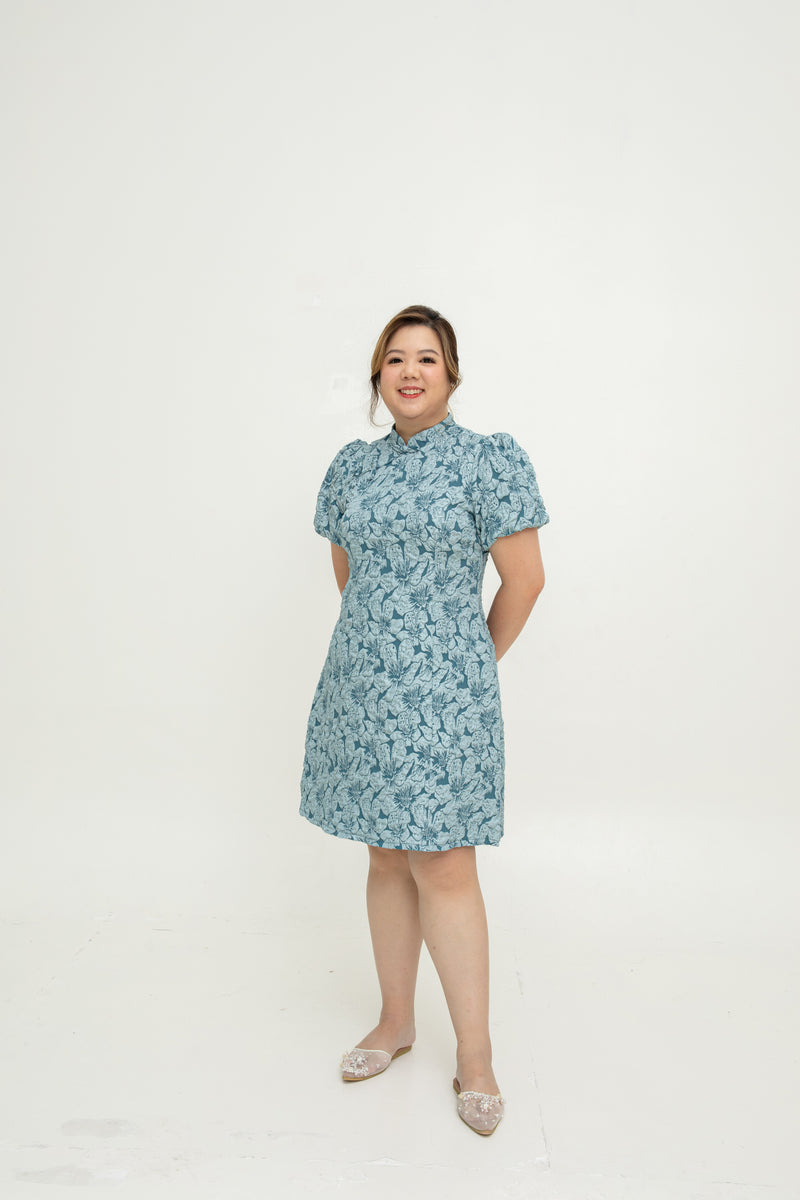 Jacquar Embossed Cheongsam Dress V.2 (Vintage Blue)