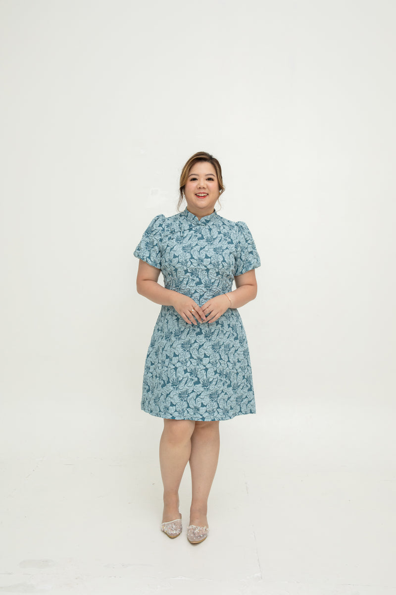 Jacquar Embossed Cheongsam Dress V.2 (Vintage Blue)