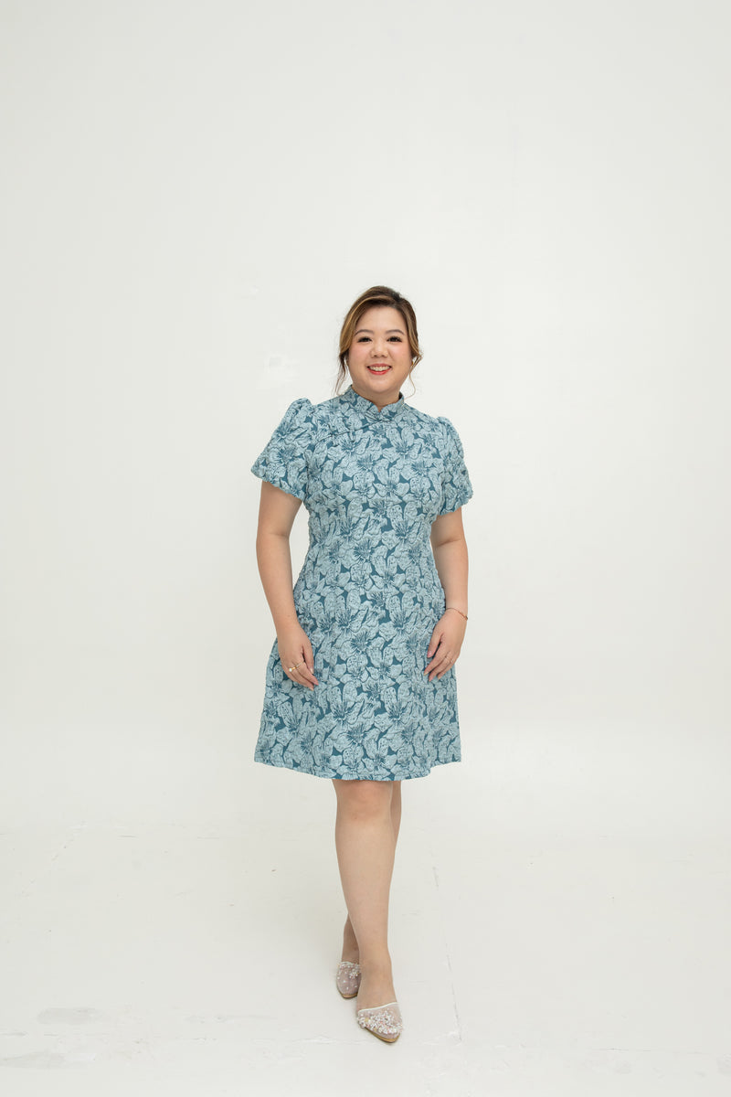 Jacquar Embossed Cheongsam Dress V.2 (Vintage Blue)