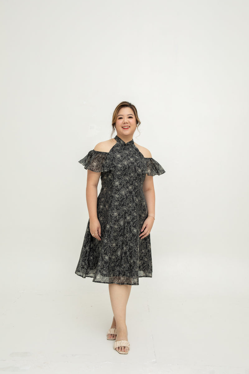 Cold Shoulder Cheongsam Fit & Flare Dress (Black)