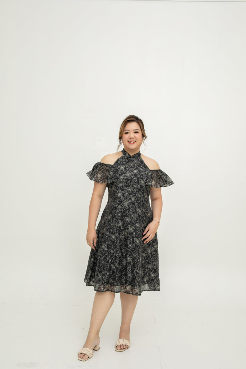 Cold Shoulder Cheongsam Fit & Flare Dress (Black)