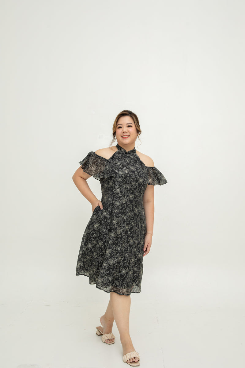 Cold Shoulder Cheongsam Fit & Flare Dress (Black)