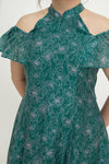 Cold Shoulder Cheongsam Fit & Flare Dress (Emerald Pink)