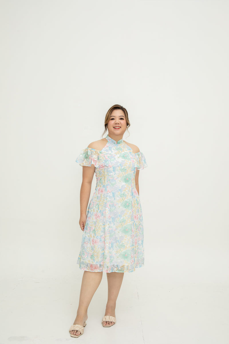 Cold Shoulder Cheongsam Fit & Flare Dress (Pastel Embroidery)