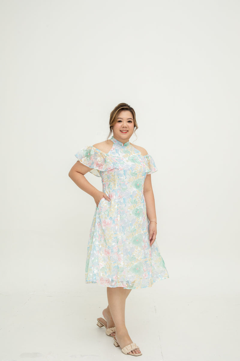 Cold Shoulder Cheongsam Fit & Flare Dress (Pastel Embroidery)