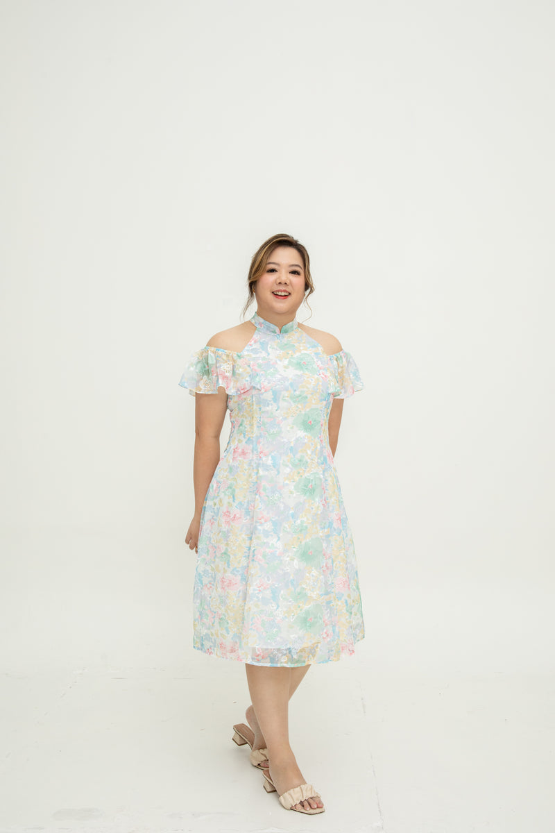 Cold Shoulder Cheongsam Fit & Flare Dress (Pastel Embroidery)