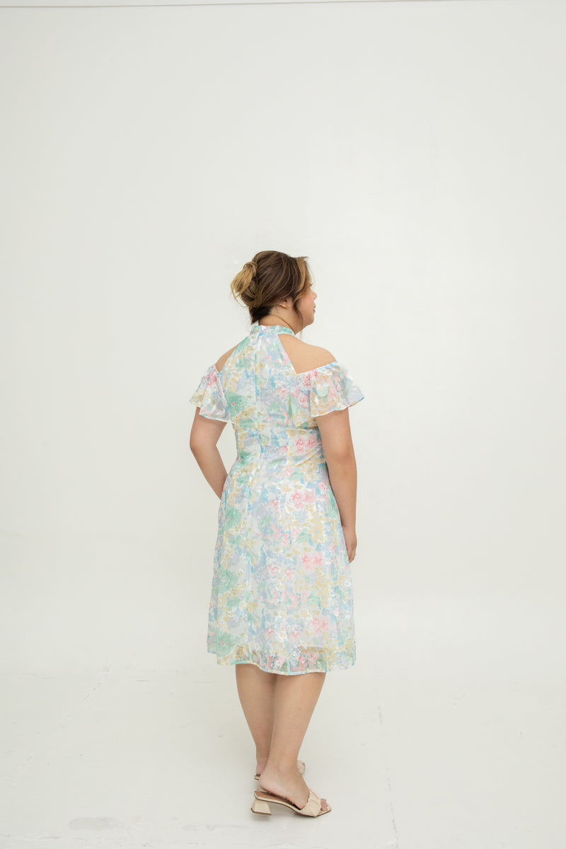 Cold Shoulder Cheongsam Fit & Flare Dress (Pastel Embroidery)