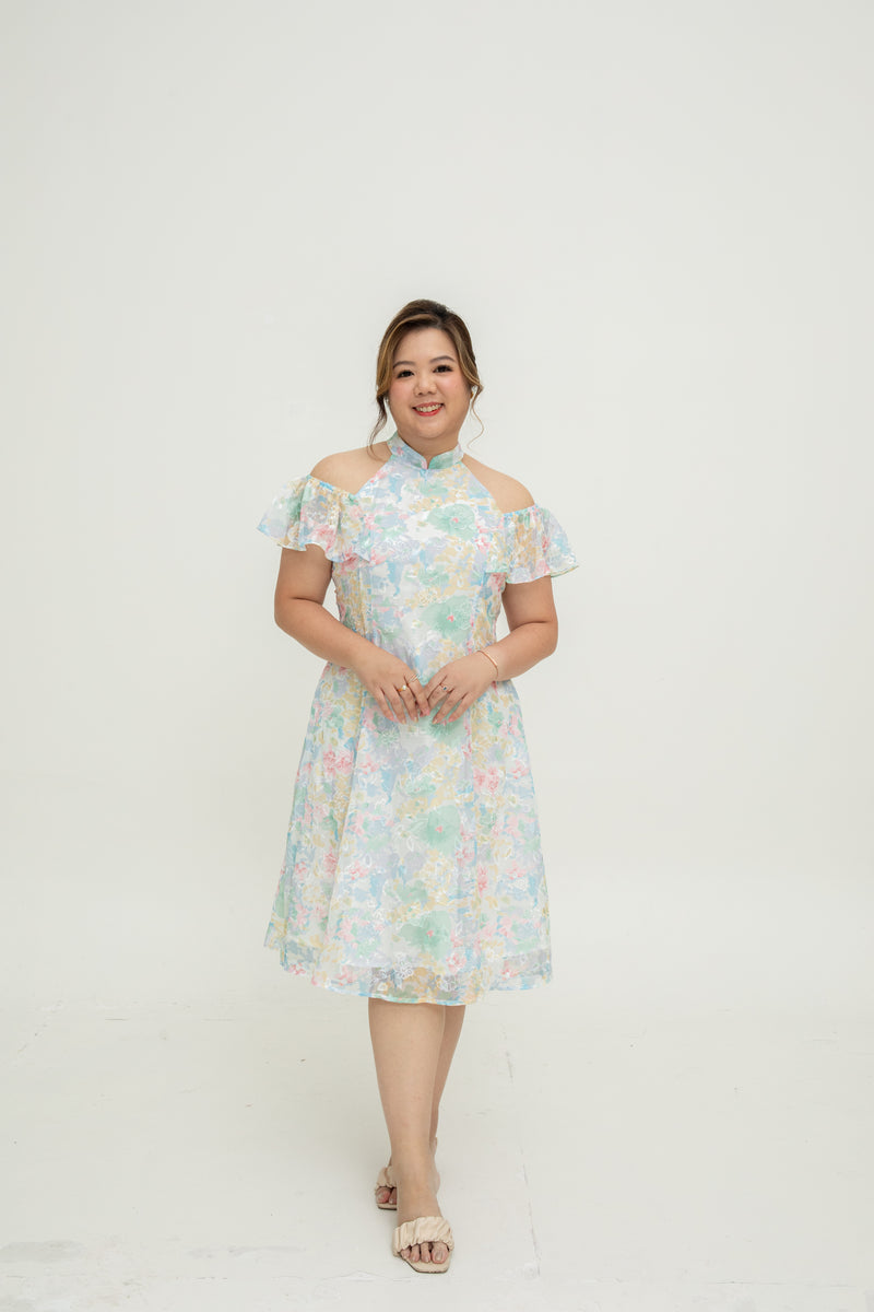 Cold Shoulder Cheongsam Fit & Flare Dress (Pastel Embroidery)