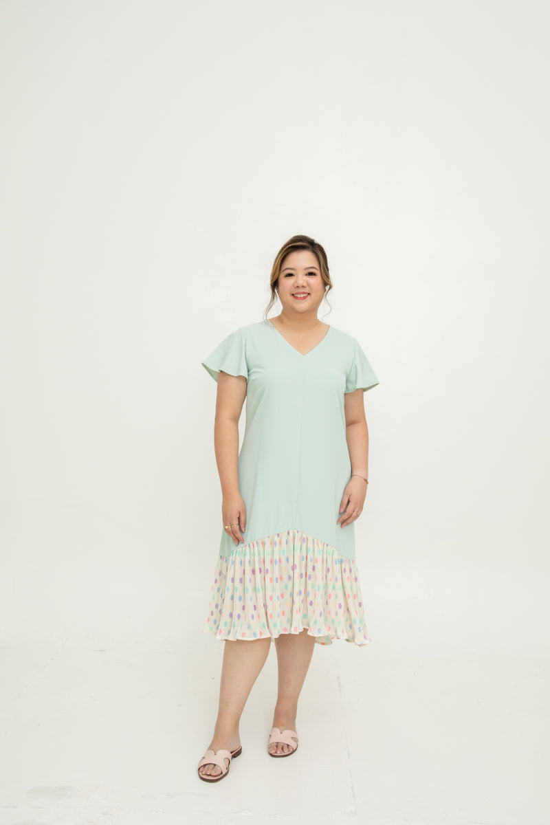 Asymmetrical Frills Midi Dress (Pastel Mint Polka Dots)