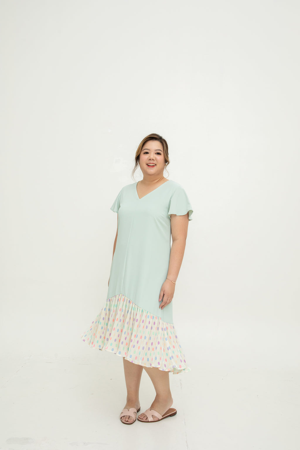 Asymmetrical Frills Midi Dress (Pastel Mint Polka Dots)