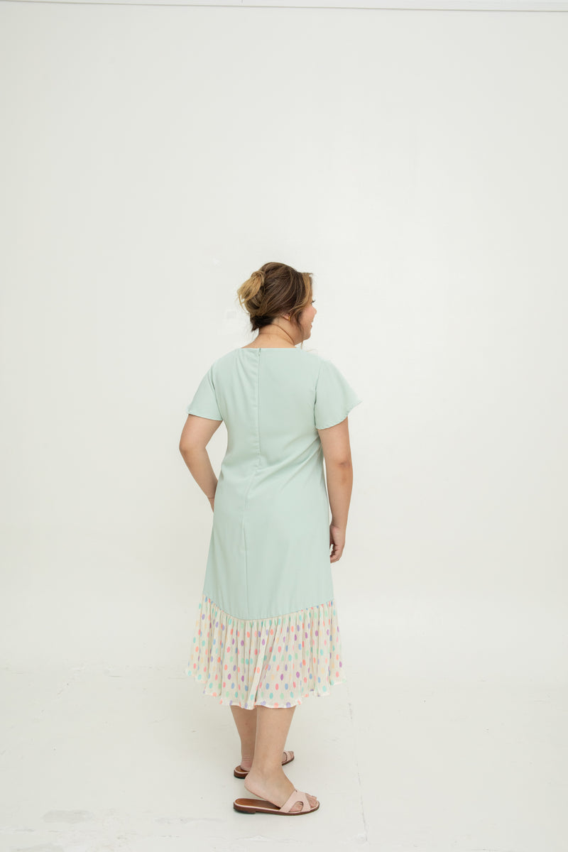 Asymmetrical Frills Midi Dress (Pastel Mint Polka Dots)