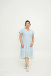 Asymmetrical Frills Midi Dress (Pastel Blue Polka Dots)