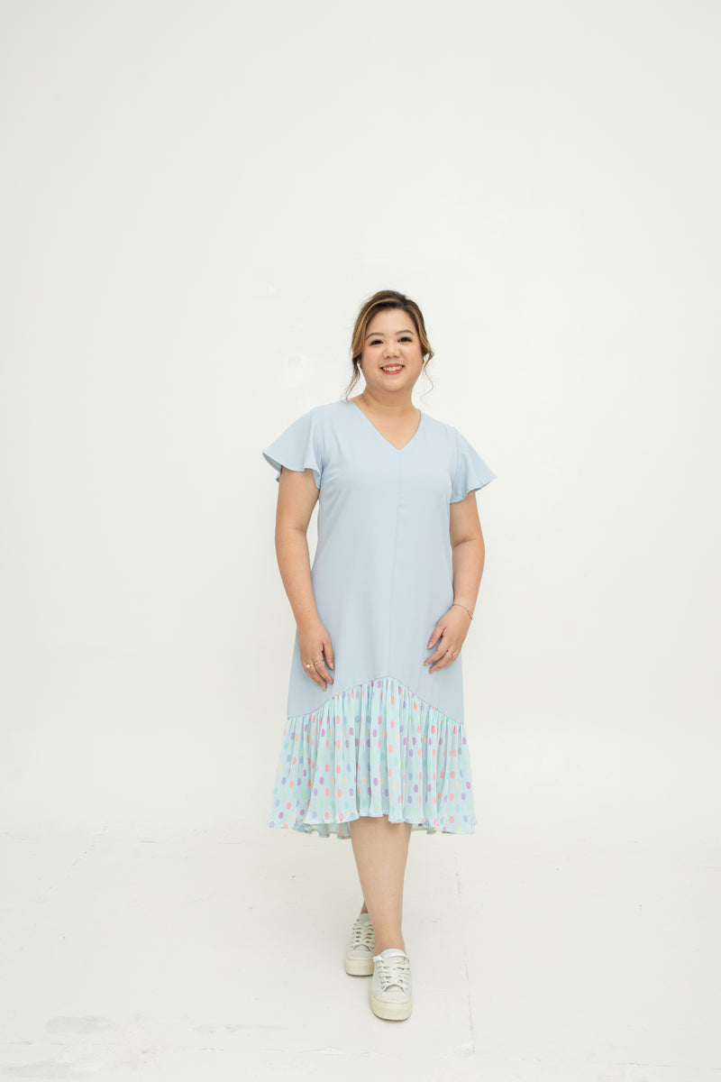 Asymmetrical Frills Midi Dress (Pastel Blue Polka Dots)