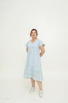 Asymmetrical Frills Midi Dress (Pastel Blue Polka Dots)