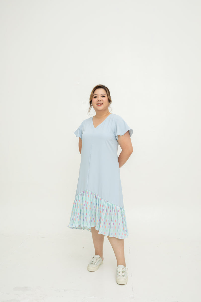 Asymmetrical Frills Midi Dress (Pastel Blue Polka Dots)