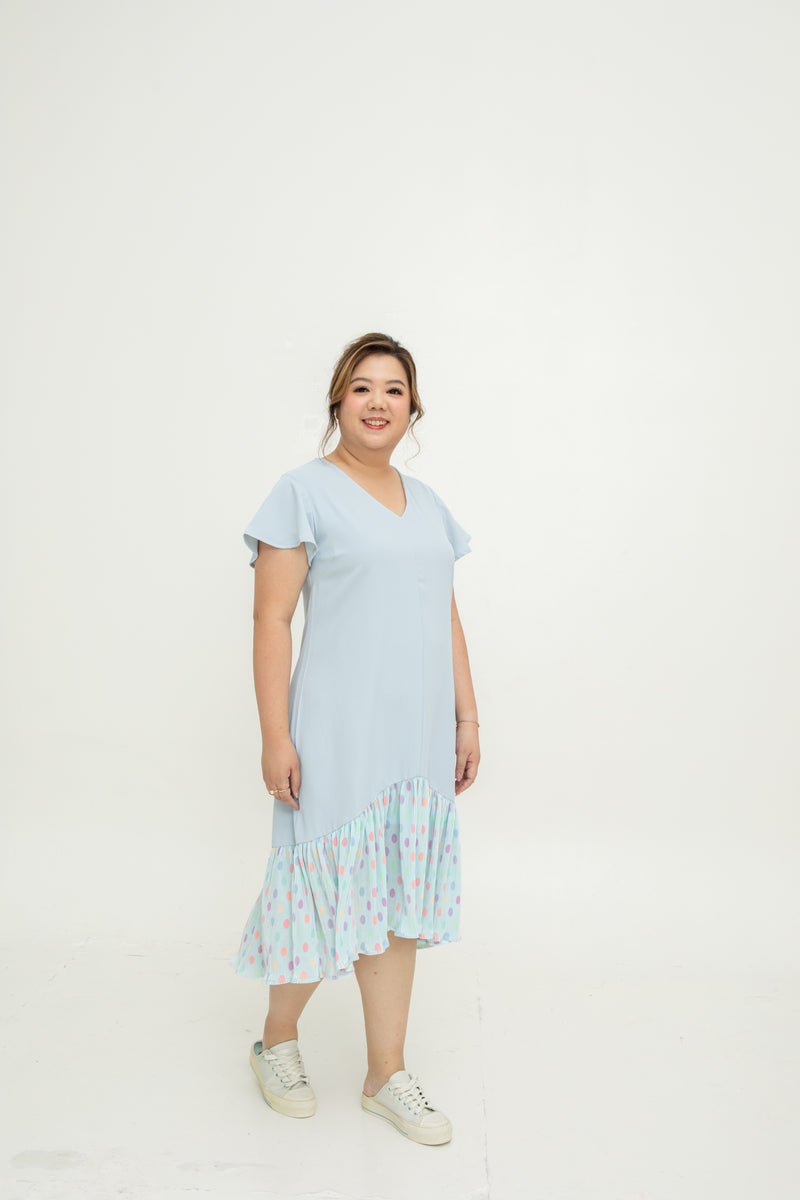 Asymmetrical Frills Midi Dress (Pastel Blue Polka Dots)