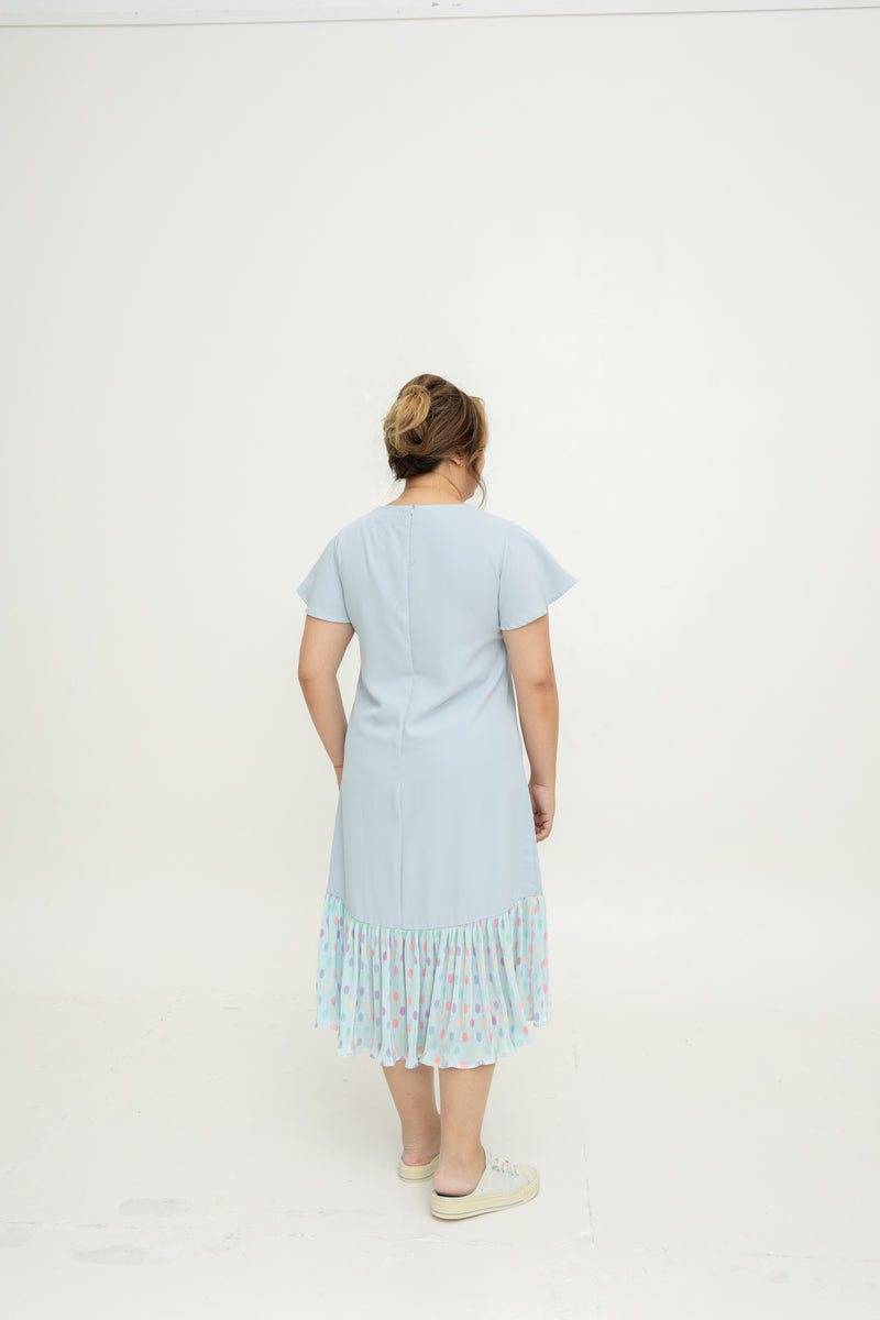 Asymmetrical Frills Midi Dress (Pastel Blue Polka Dots)