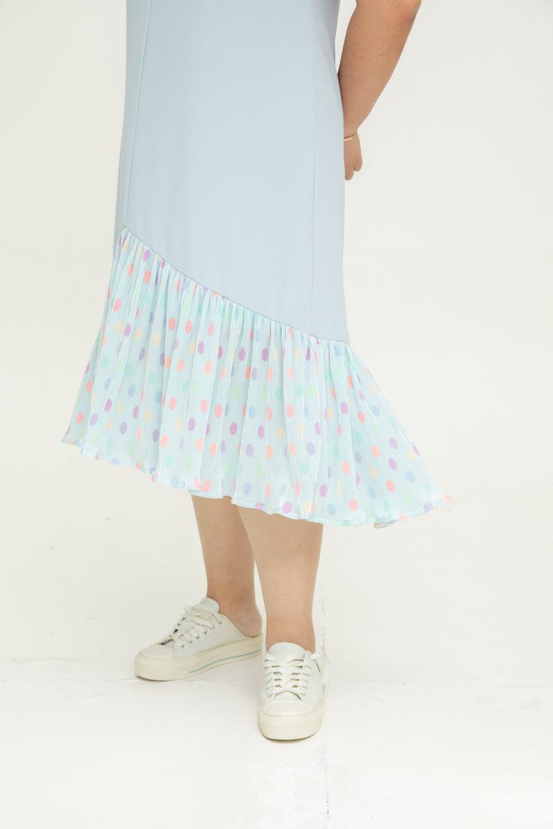 Asymmetrical Frills Midi Dress (Pastel Blue Polka Dots)