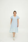 Asymmetrical Frills Midi Dress (Pastel Blue Polka Dots)