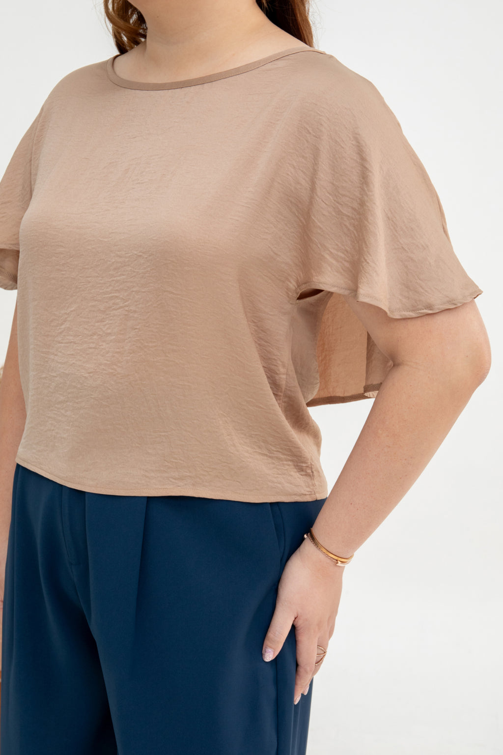 Flutter Sleeve Satin Top (Beige)