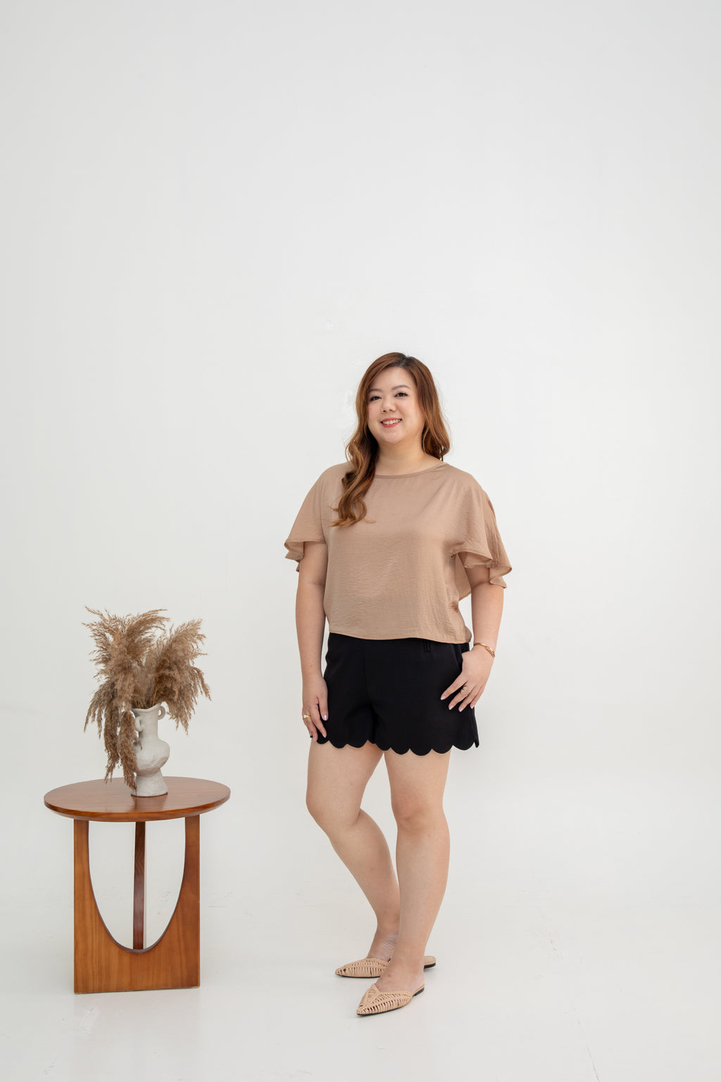 Flutter Sleeve Satin Top (Beige)