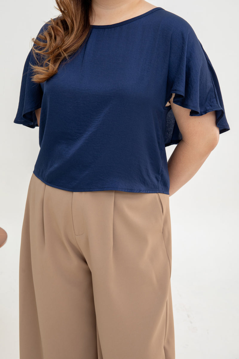 Flutter Sleeve Satin Top (Navy)