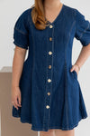 Front Button Denim Skater Dress (Dark Wash)