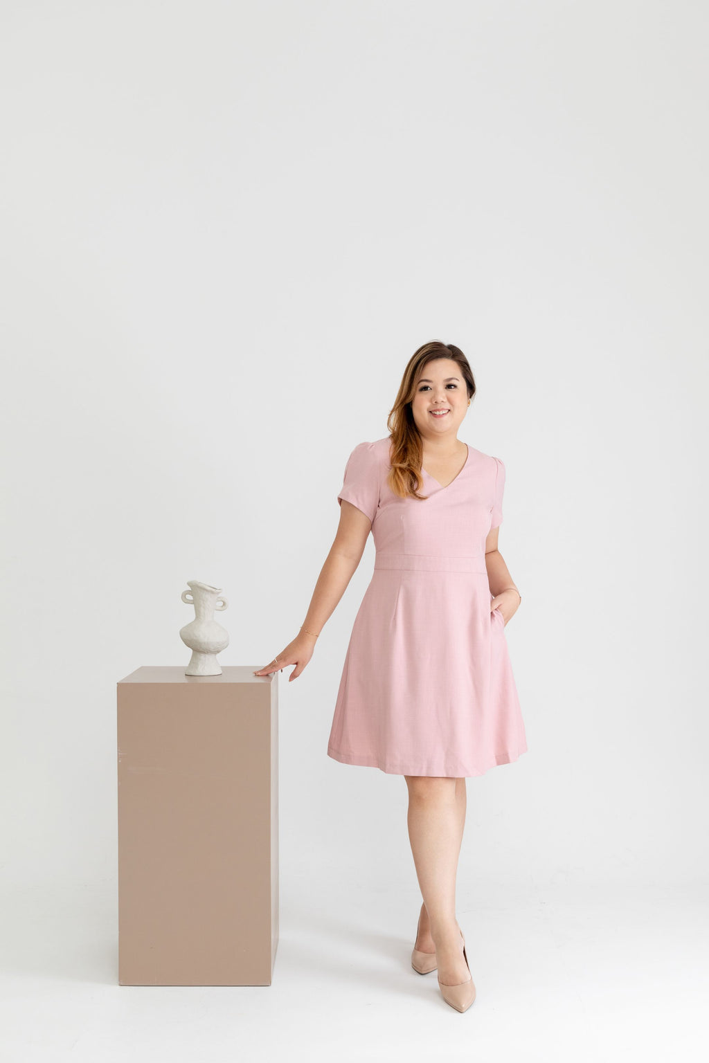 Classic Fit & Flare Work Dress (Pink)