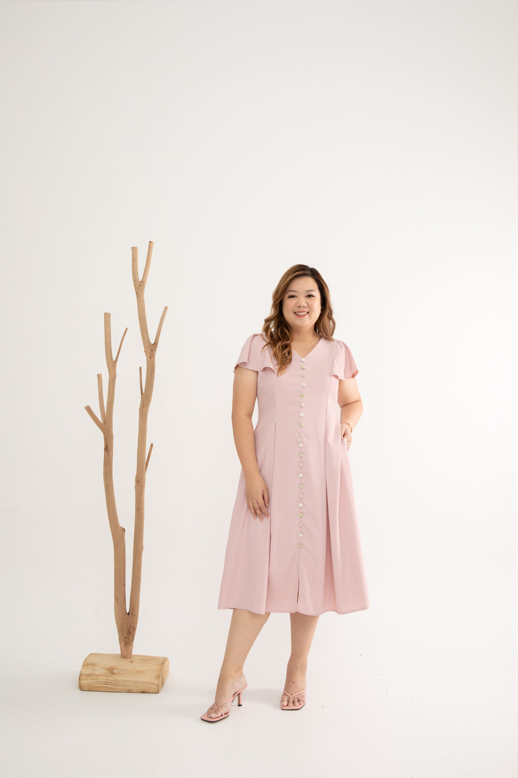 Contrast Buttons Skater Dress (Blushing Pink)