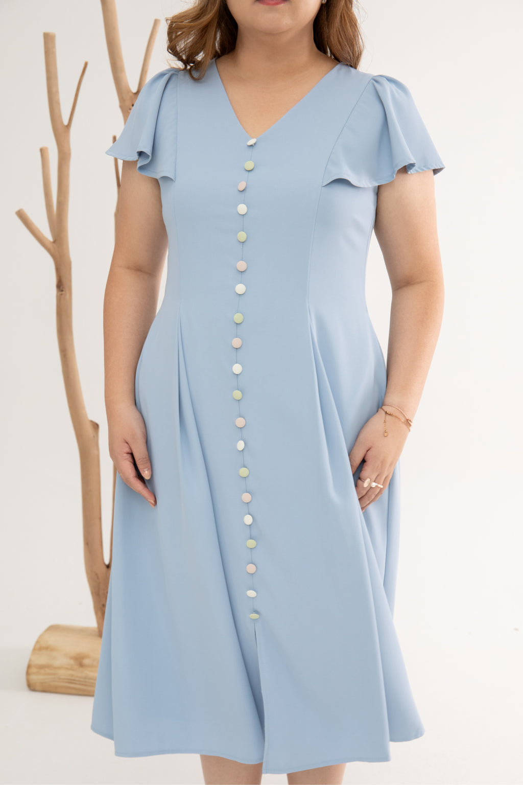 Contrast Buttons Skater Dress (Powder Blue)