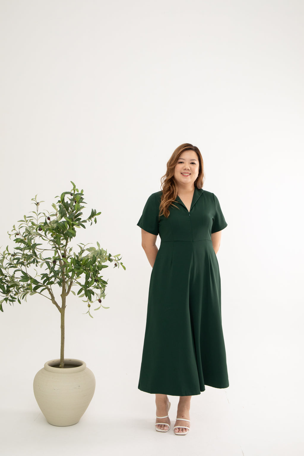 Front Zip Lapels Midi Jumpsuit (Forest Green)