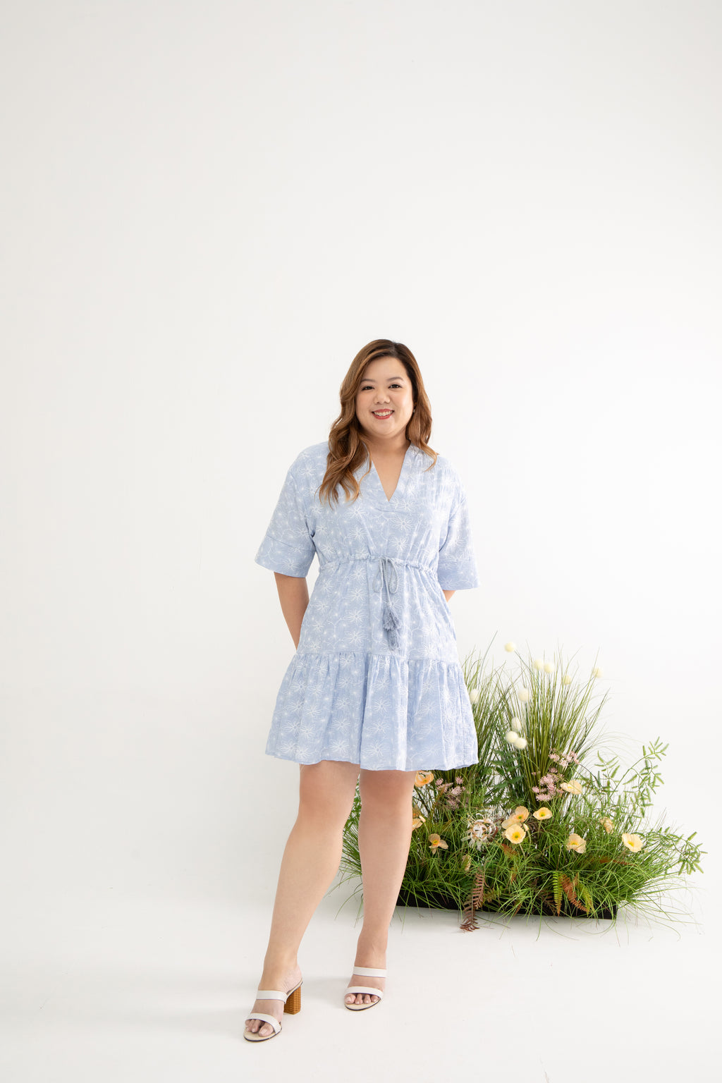 Kimono Drawstring Embroidery Dress (Powder Blue)