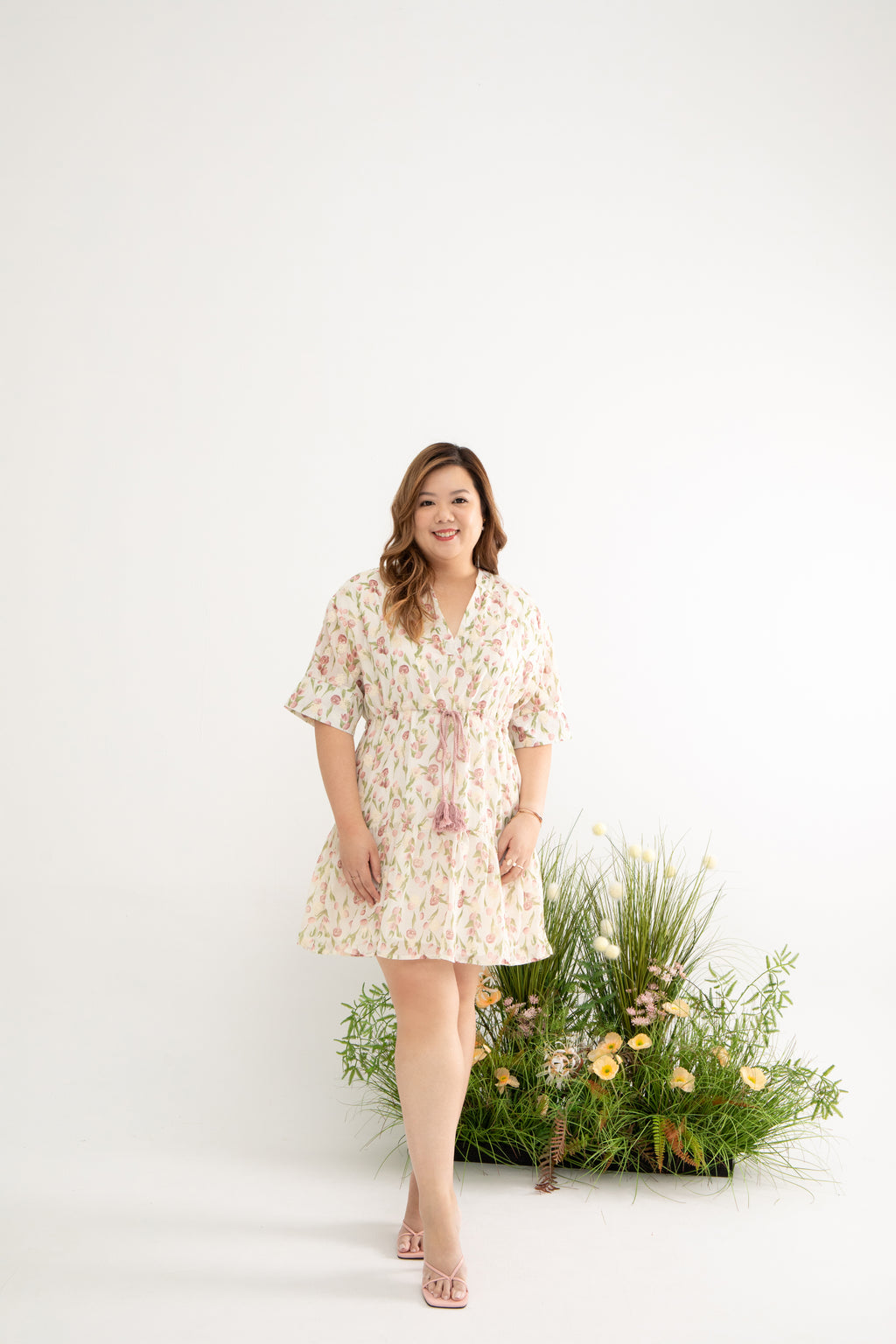 Kimono Drawstring Embroidery Dress (Subtle Rose)