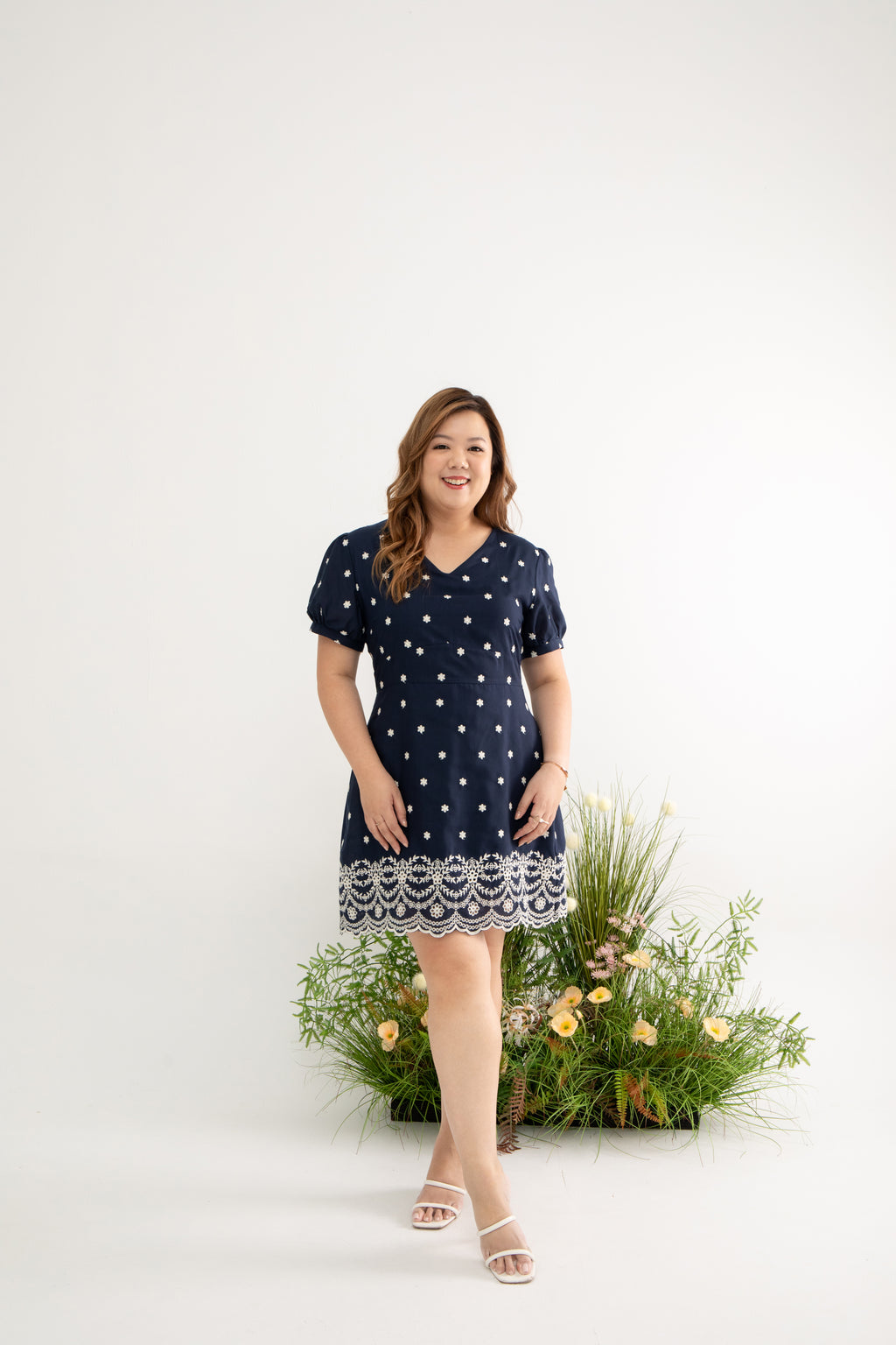 Embroidery Scallop Hem Dress-Romper (Navy)