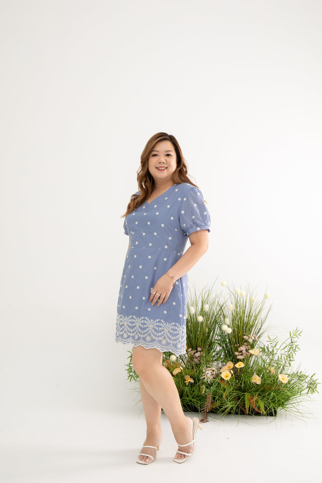 Embroidery Scallop Hem Dress-Romper (Sky)