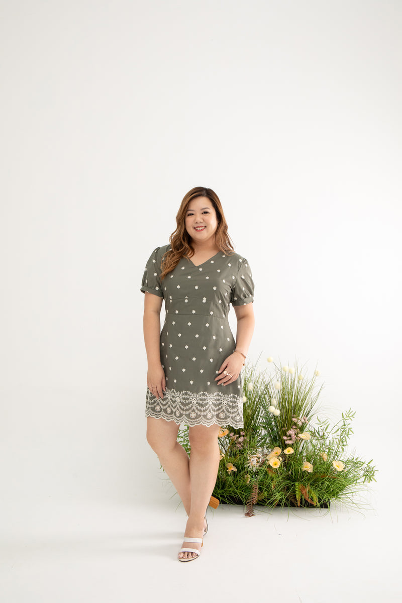 Embroidery Scallop Hem Dress-Romper (Olive)