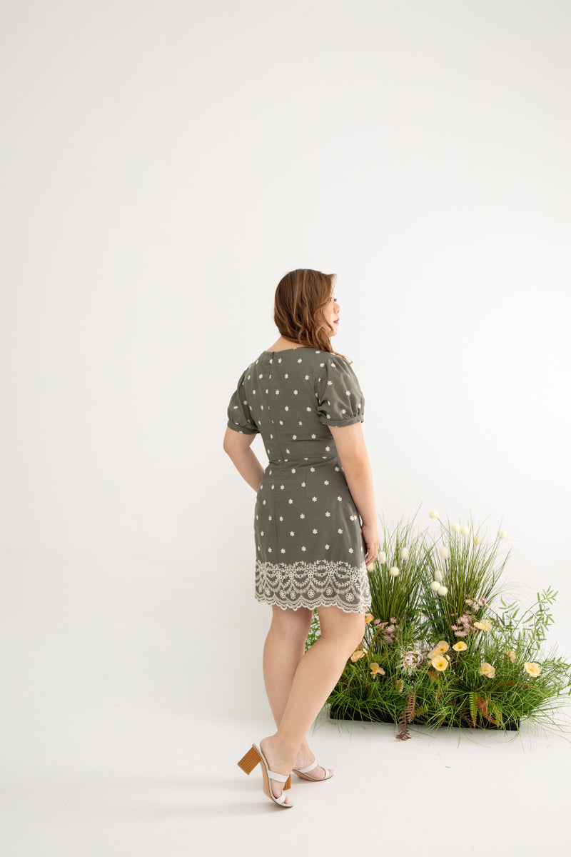 Embroidery Scallop Hem Dress-Romper (Olive)