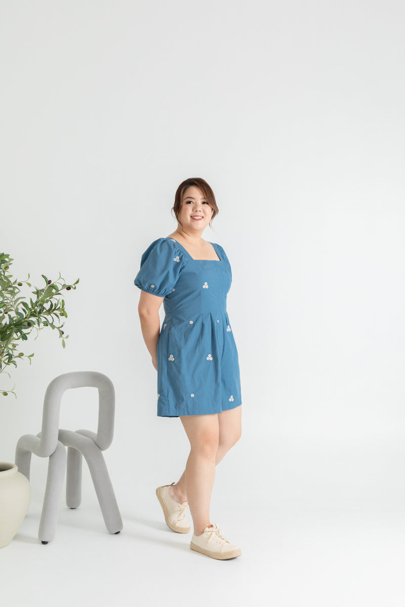 Front Panel Smock-back Romper (Blue Daisy)