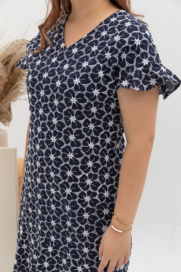 Flute Hem Midi Dress (Navy Floral Embroidery)