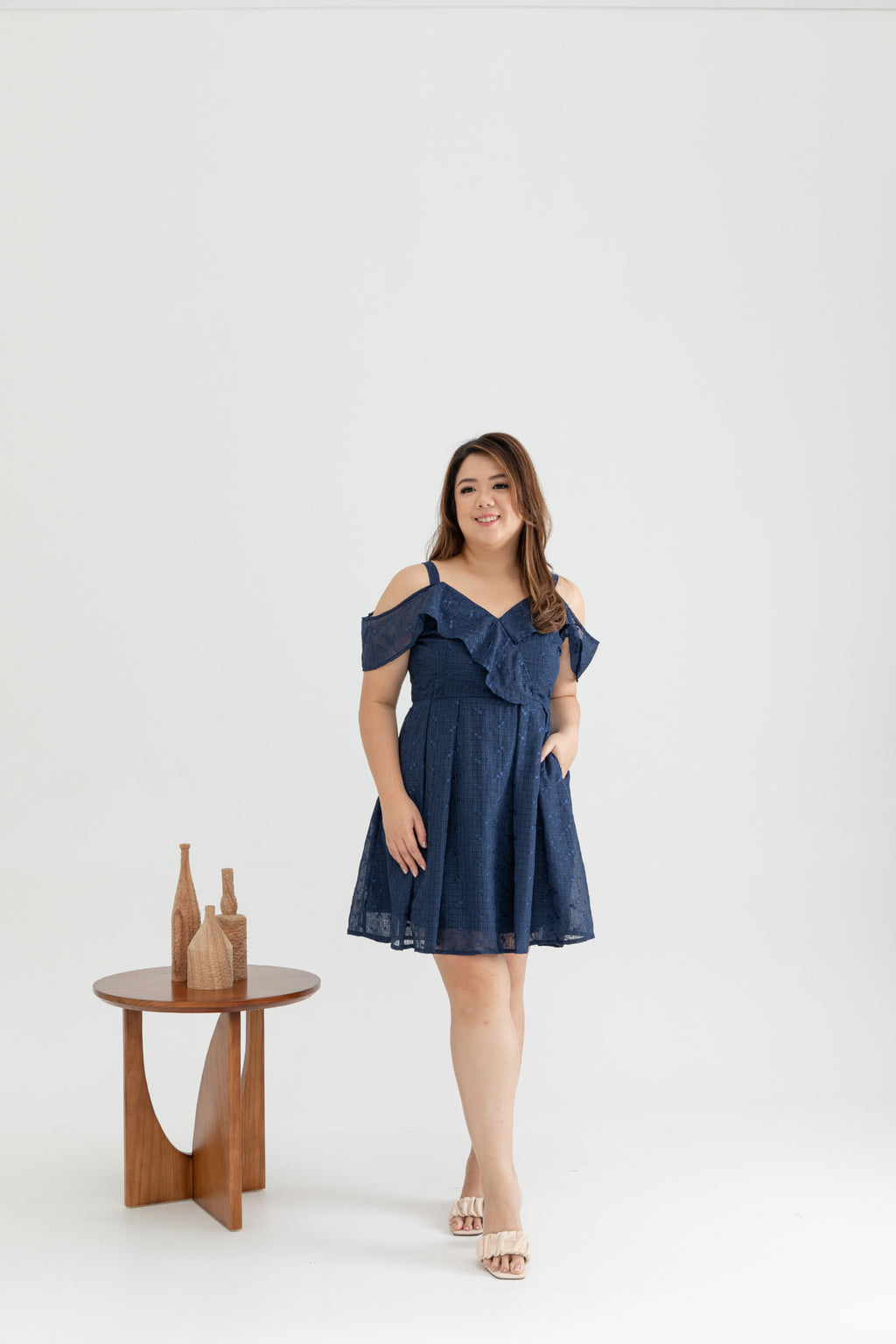 Cold Shoulder Panel Flare Dress (Navy Florals Embroidery)