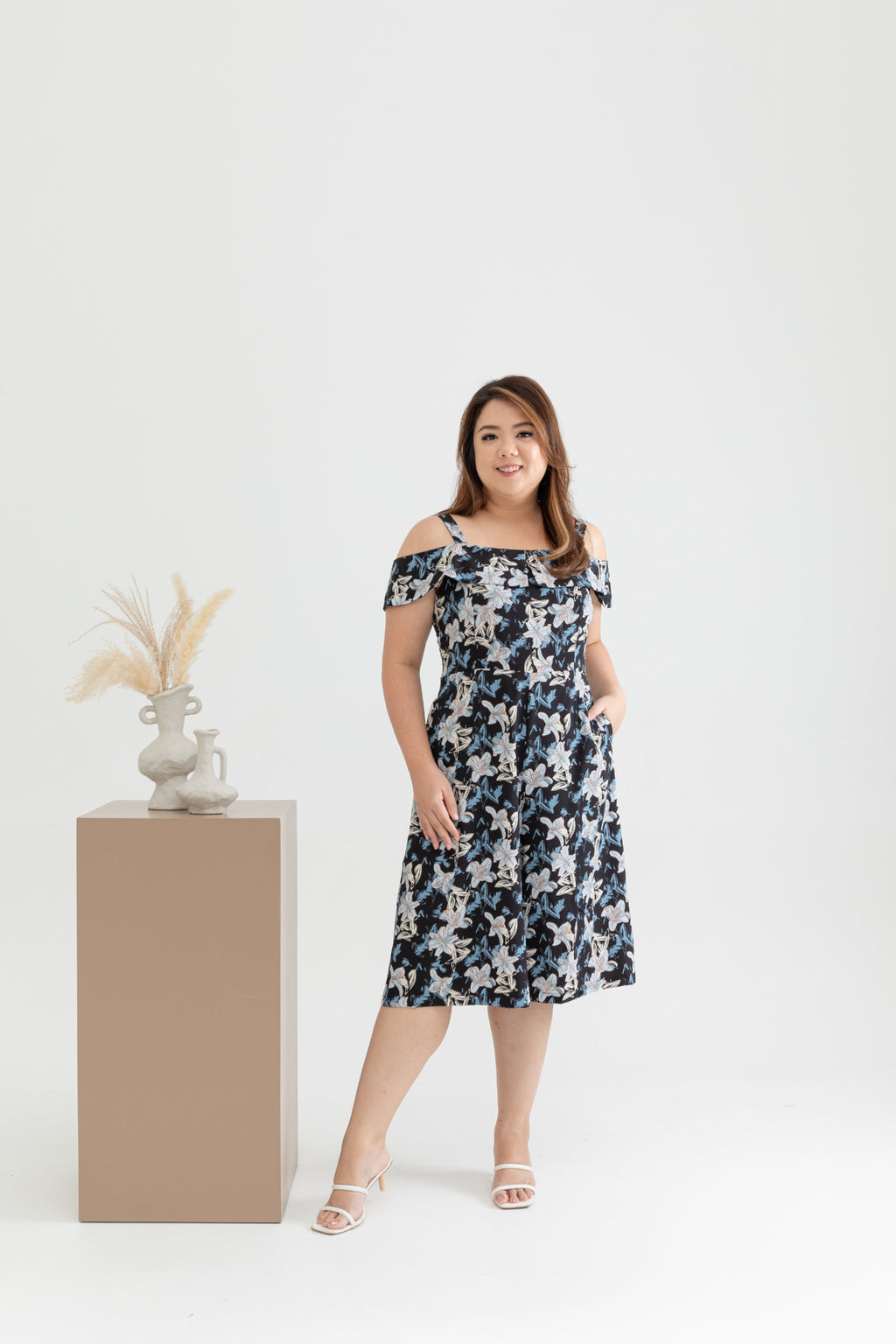 Floral Cold Shoulder Midi Jumpsuit (Blue Lilies)