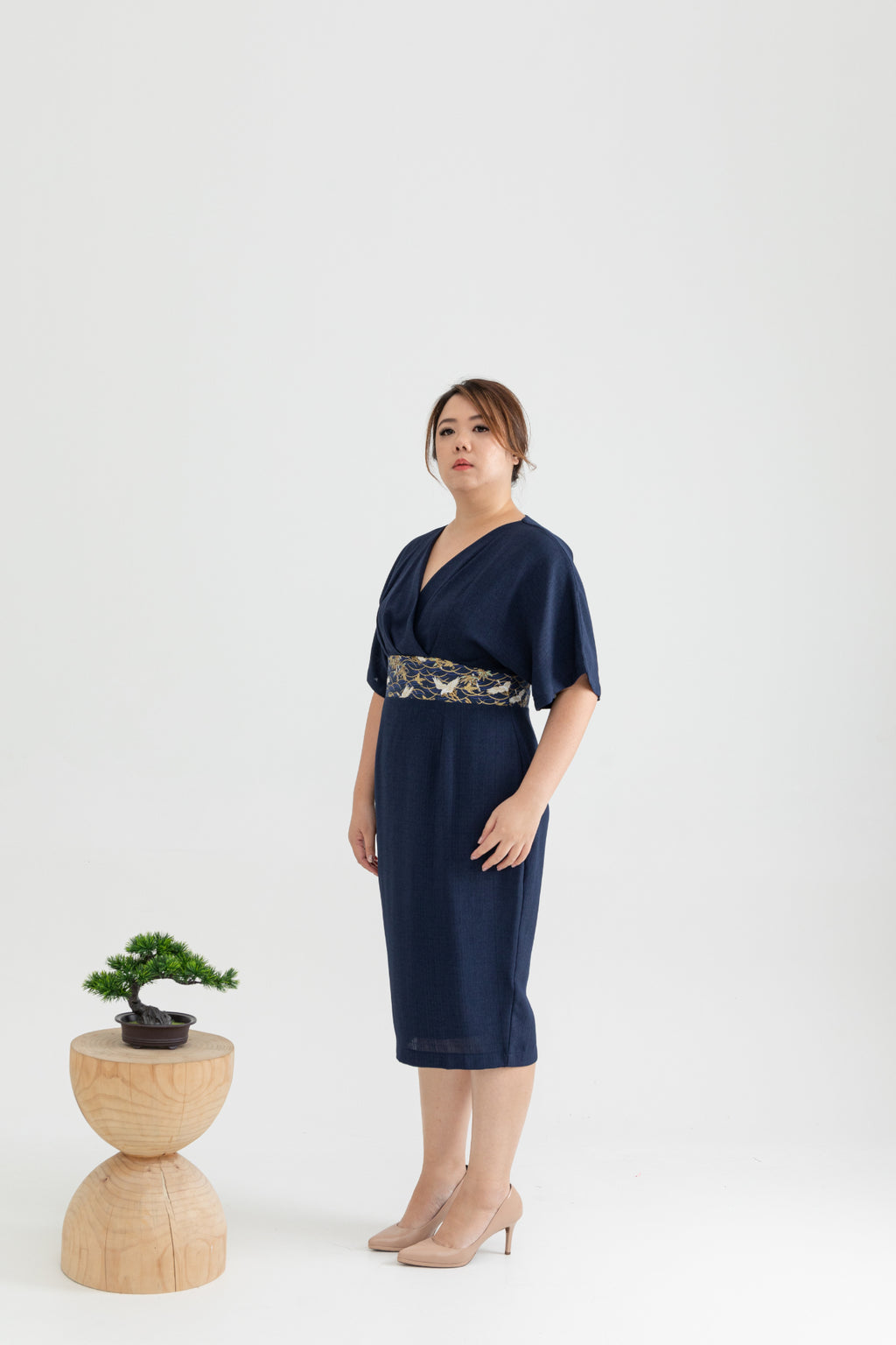 Kimono Obi Waist Dress (Navy Crane)