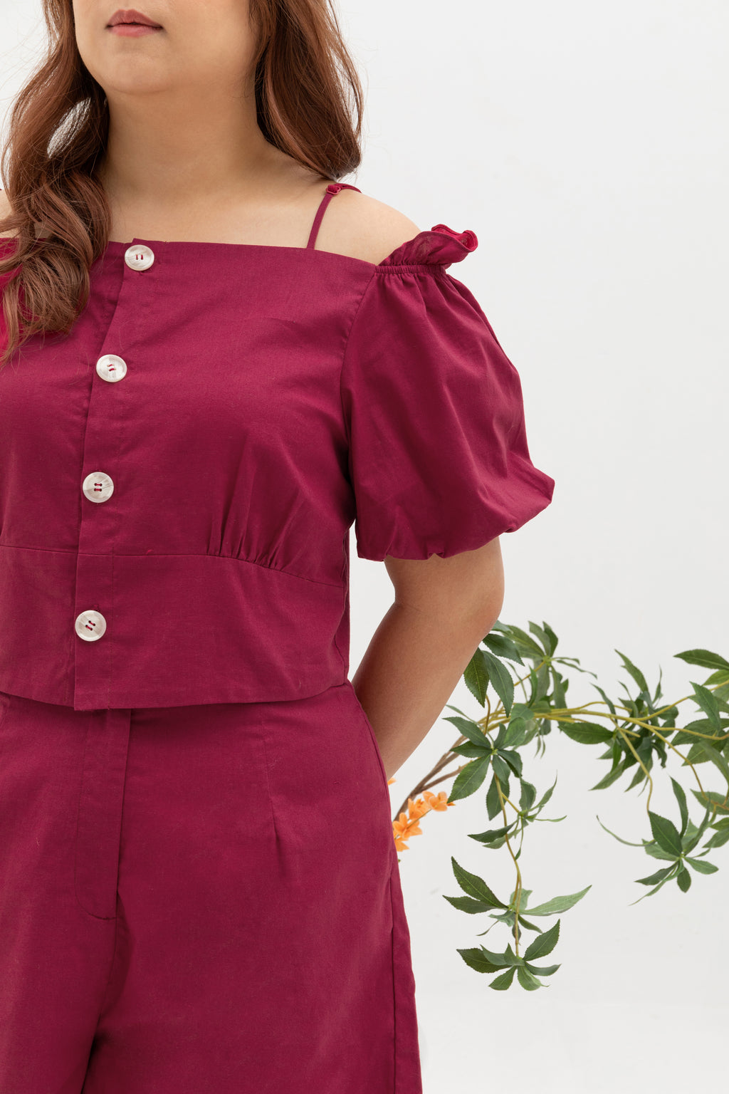 (Co-ord) Puff Sleeve in Hibiscus Red - Top only