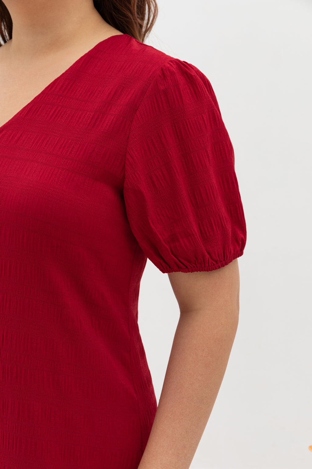 V-Neck Textured Midi Dress (Cherry Red)