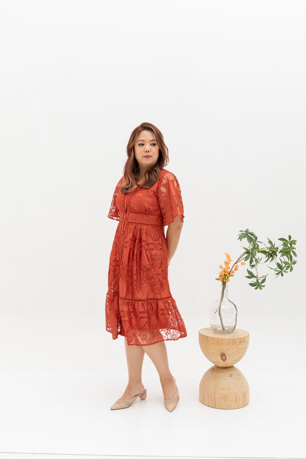 Hikaru Kimono Sleeves Lace Dress (Tea Rose)