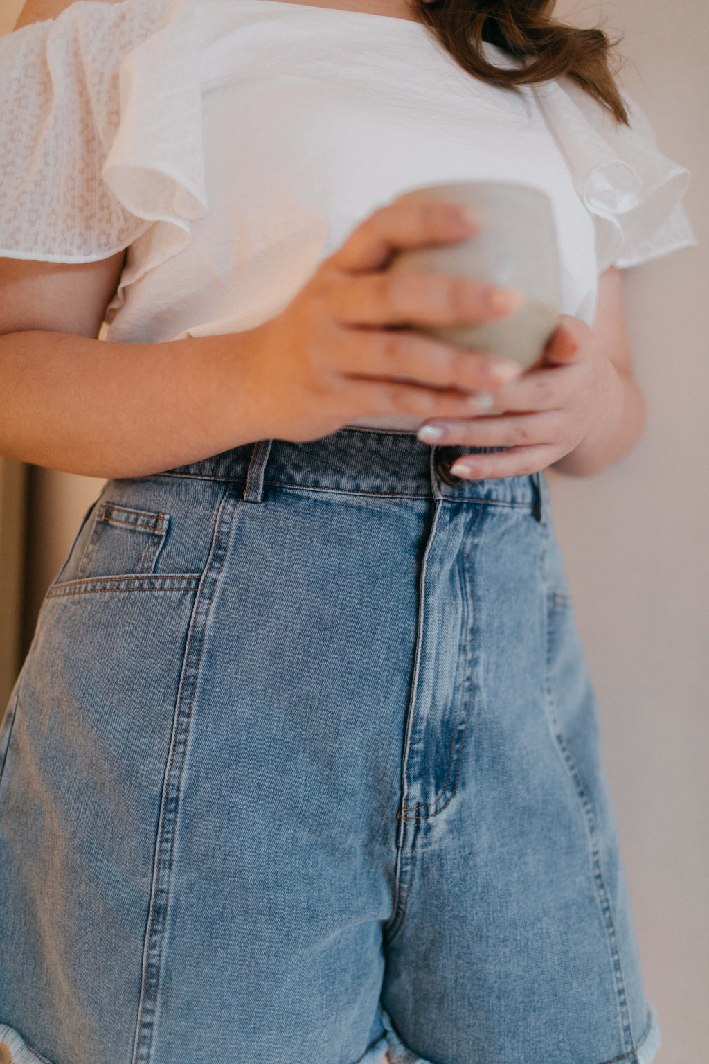 Panel Denim High Waisted Shorts (Light Wash)