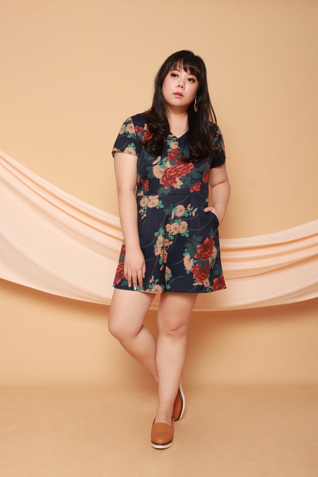 Floral Button Front Romper (Navy Florals), One-Piece - 1214 Alley