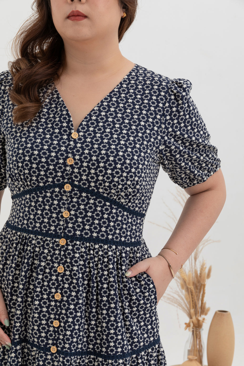 Embroidered Smocked Back Midi Dress (Navy)