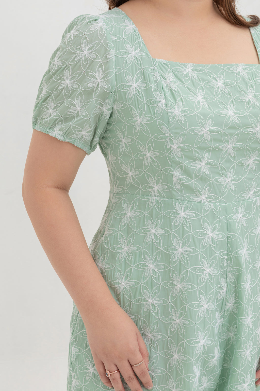 Square Neck Embroidered Romper (Tea Green)