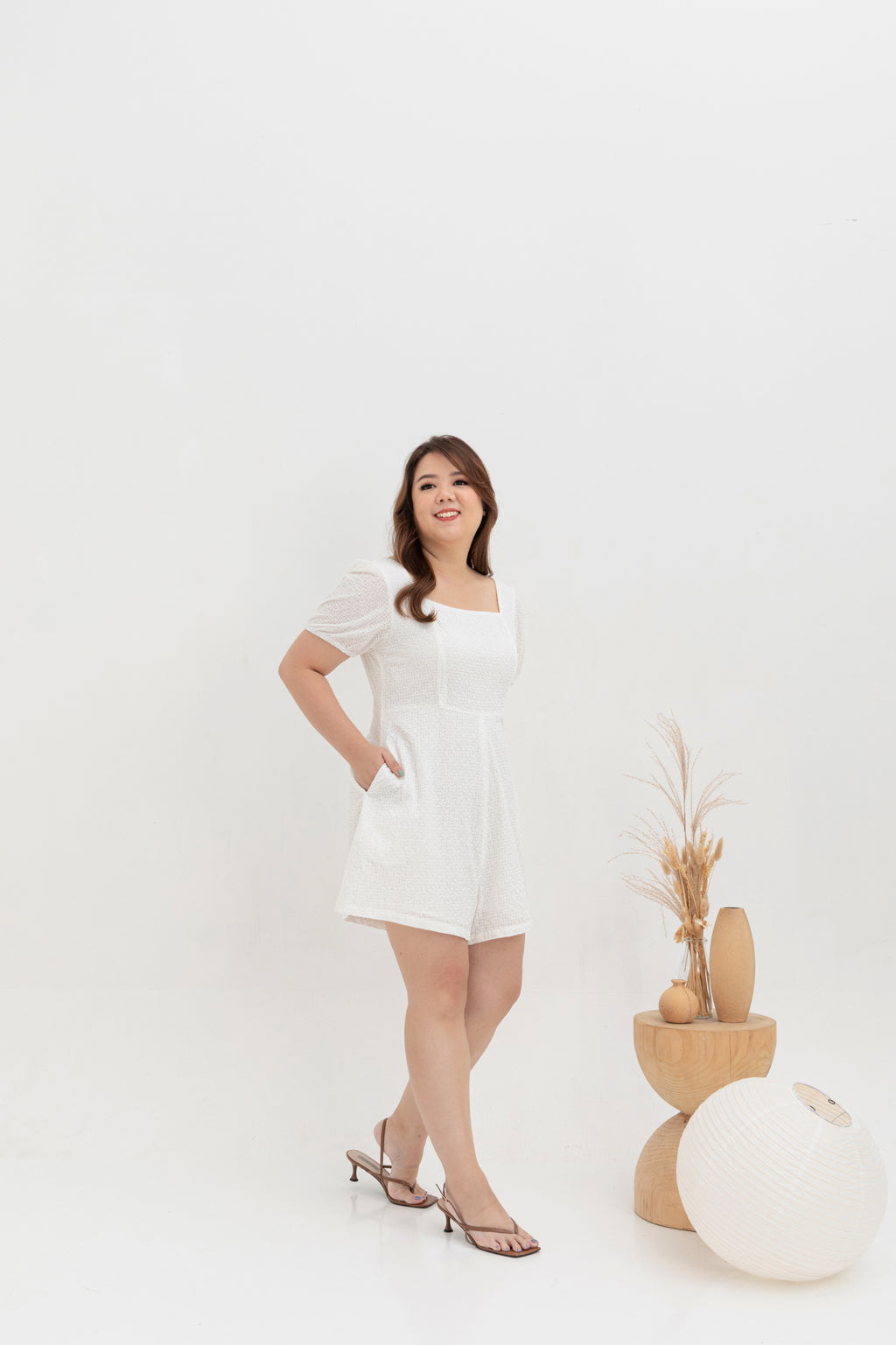 Square Neck Embroidered Romper (White)